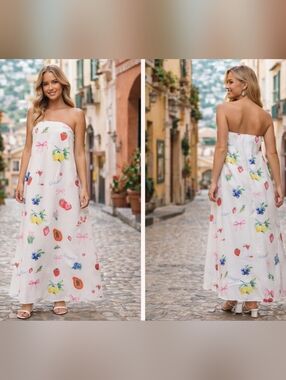 Petal & Pup White Strapless Fruit-Print Maxi Dress Size Small Or Medium